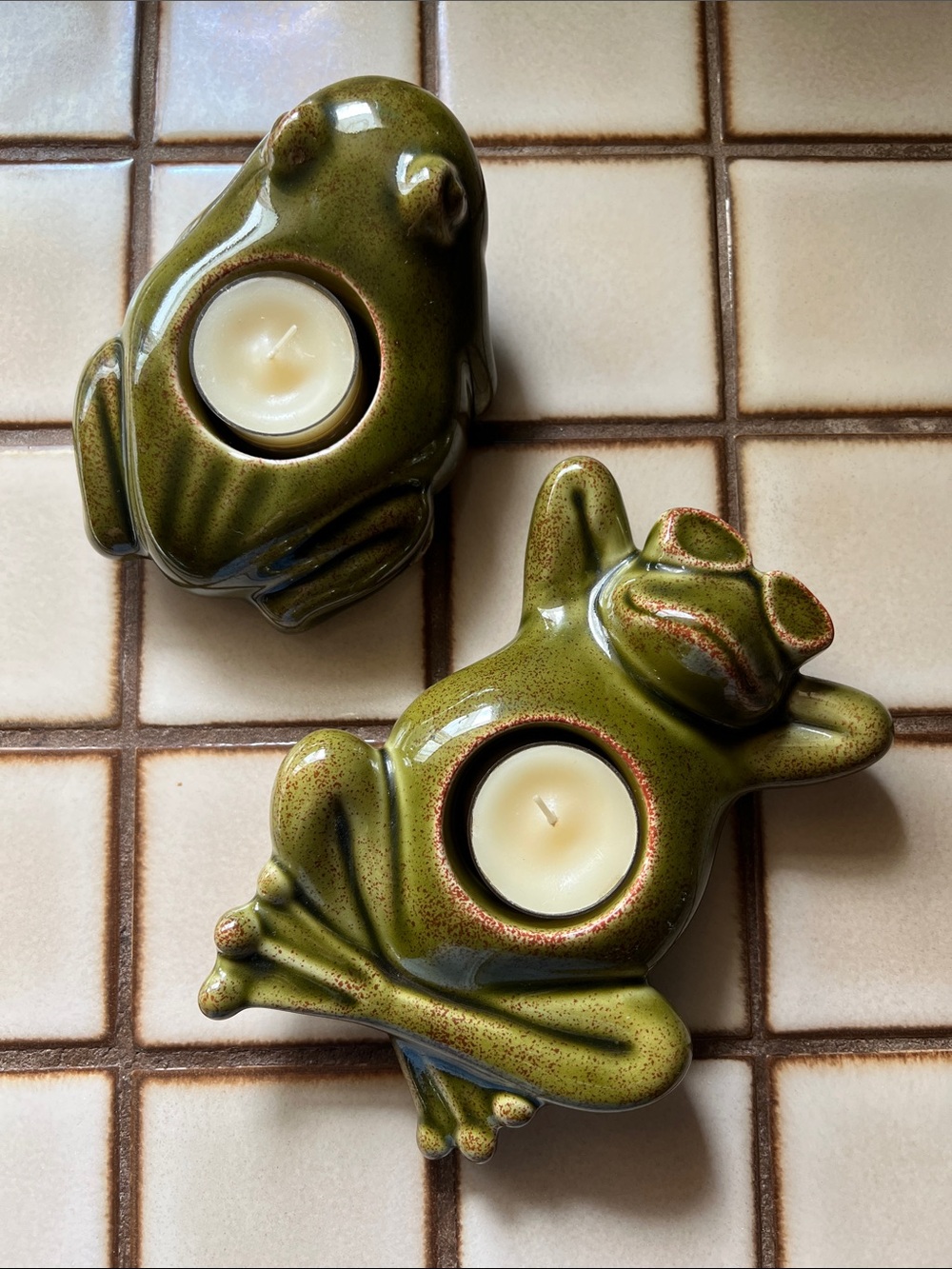 Vintage Partylite floating frogs green ceramic tealight candle holders
